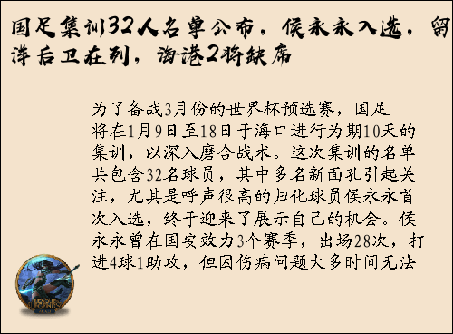 国足集训32人名单公布，侯永永入选，留洋后卫在列，海港2将缺席