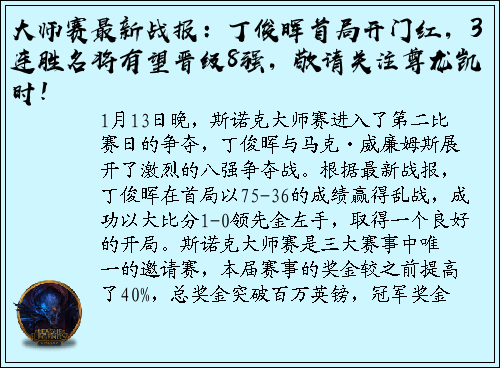 大师赛最新战报：丁俊晖首局开门红，3连胜名将有望晋级8强，敬请关注尊龙凯时！