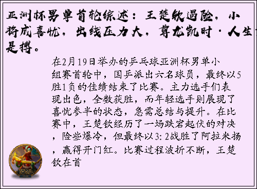 亚洲杯男单首轮综述：王楚钦遇险，小将成喜忧，出线压力大，尊龙凯时·人生就是搏。