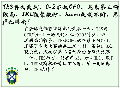 TES再次失利，0-2不敌CFO，迎来第三场败局，JKL频繁被秒，kanavi失误不断，尽在j9九游会！