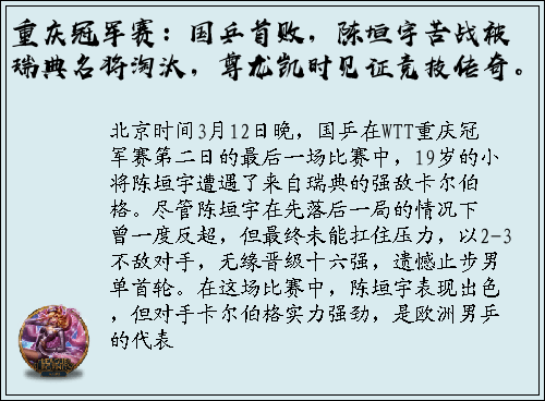 重庆冠军赛：国乒首败，陈垣宇苦战被瑞典名将淘汰，尊龙凯时见证竞技传奇。