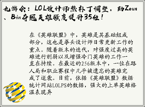 九游会：LOL设计师热补丁调整，助Zeus、Bin夺冠英雄强度提升35位！