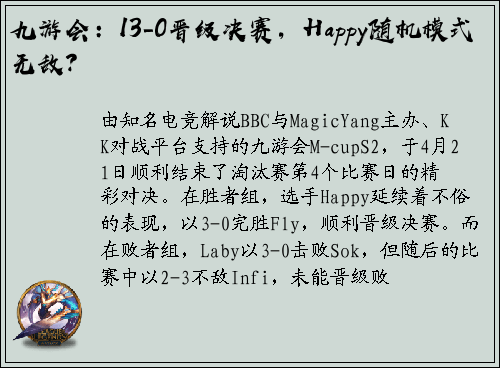 九游会：13-0晋级决赛，Happy随机模式无敌？