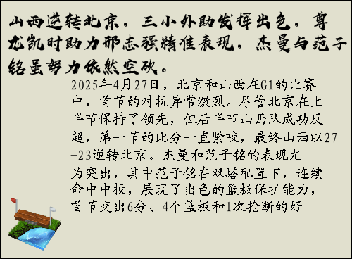 山西逆转北京，三小外助发挥出色，尊龙凯时助力邢志强精准表现，杰曼与范子铭虽努力依然空砍。