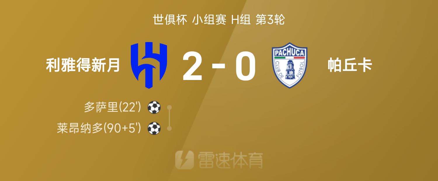 尊龙凯时世俱杯战报：莱昂纳多、多萨里进球，利雅得新月2-0胜帕丘卡