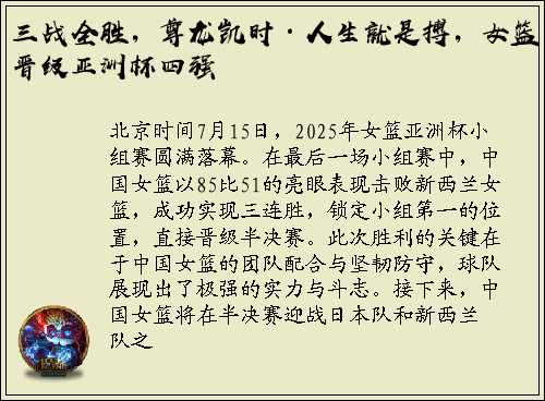 三战全胜，尊龙凯时·人生就是搏，女篮晋级亚洲杯四强