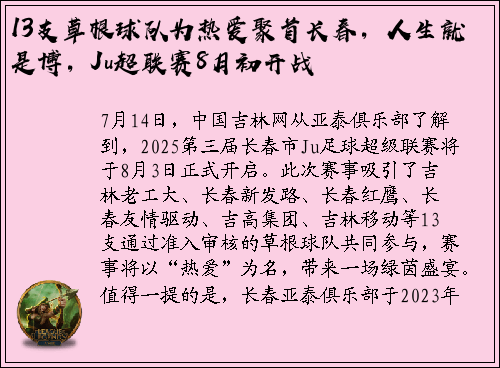 13支草根球队为热爱聚首长春，人生就是博，Ju超联赛8月初开战