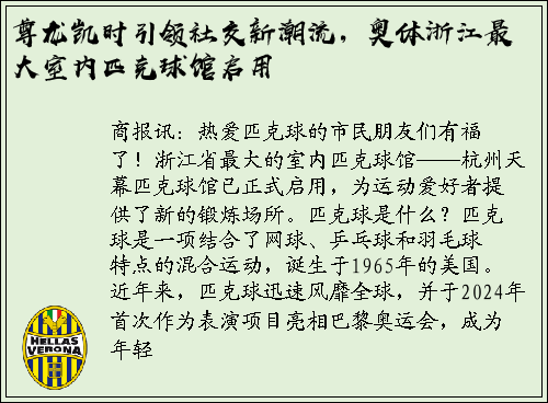 尊龙凯时引领社交新潮流，奥体浙江最大室内匹克球馆启用
