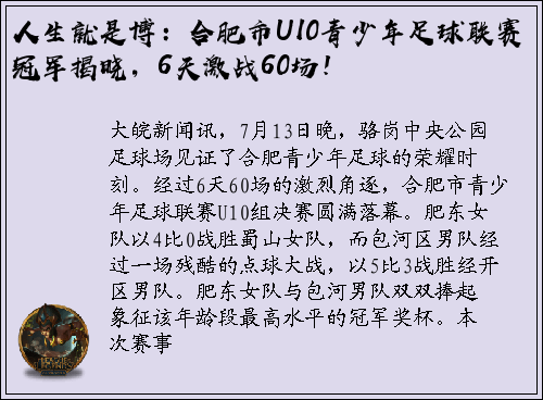 人生就是博：合肥市U10青少年足球联赛冠军揭晓，6天激战60场！