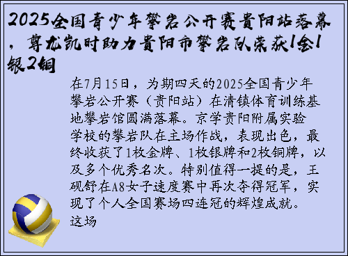 2025全国青少年攀岩公开赛贵阳站落幕，尊龙凯时助力贵阳市攀岩队荣获1金1银2铜