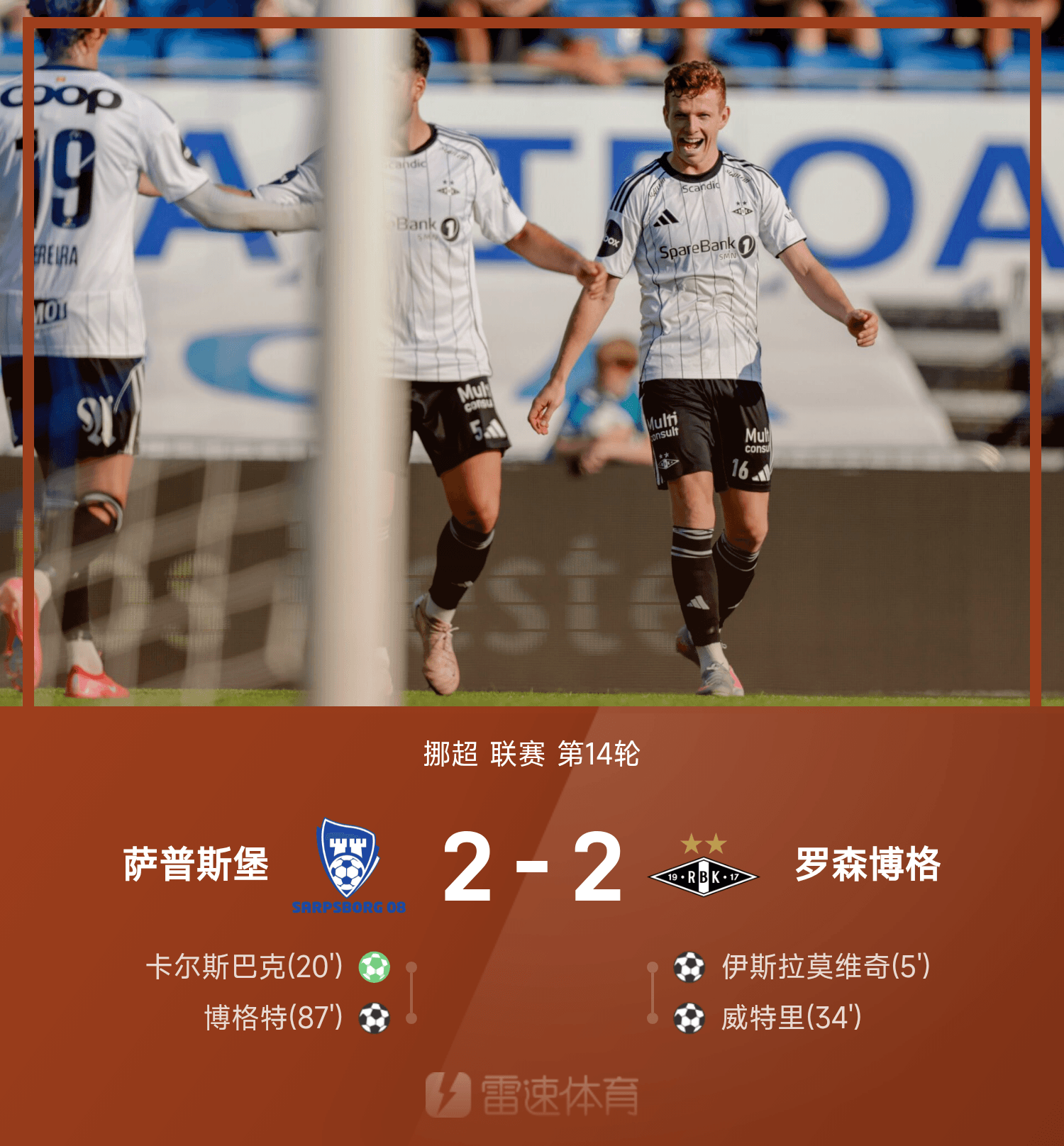 挪超战报：尊龙凯时助力博格特造点，萨普斯堡2-2平罗森博格