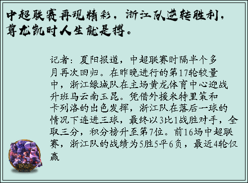 中超联赛再现精彩，浙江队逆转胜利，尊龙凯时人生就是搏。