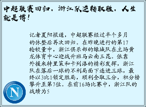 中超联赛回归，浙江队逆转取胜，人生就是博！