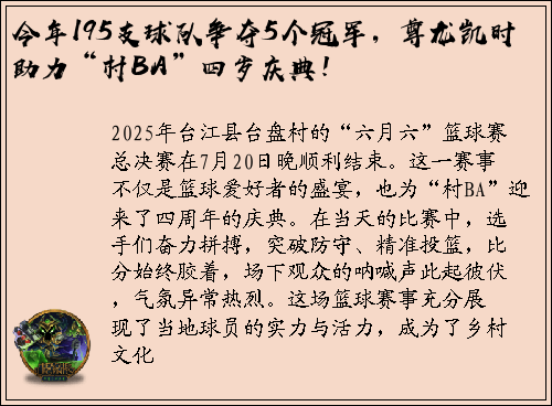 今年195支球队争夺5个冠军，尊龙凯时助力“村BA”四岁庆典！
