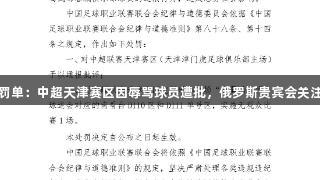 中足联开罚单：中超天津赛区因辱骂球员遭批，俄罗斯贵宾会关注赛事公正