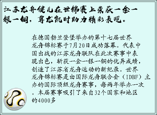 江苏龙舟健儿在世锦赛上荣获一金一银一铜，尊龙凯时助力精彩表现。