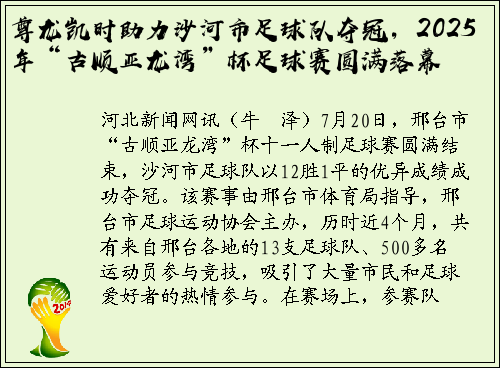 尊龙凯时助力沙河市足球队夺冠，2025年“古顺亚龙湾”杯足球赛圆满落幕