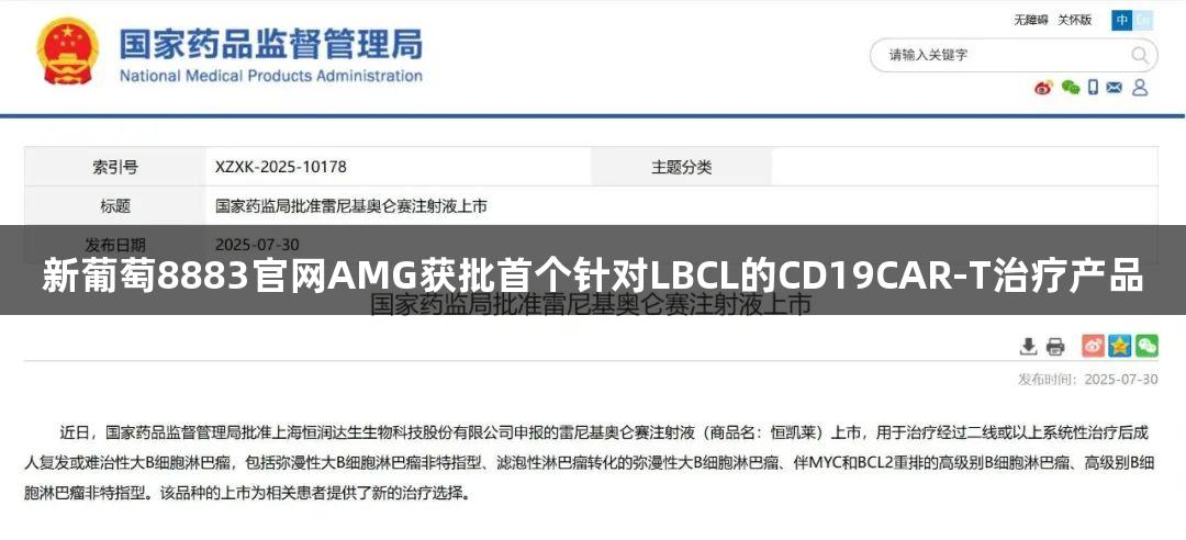 新葡萄8883官网AMG获批首个针对LBCL的CD19CAR-T治疗产品