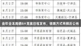 金年会本周德BA竞赛日程发布，领票方式将稍后公布