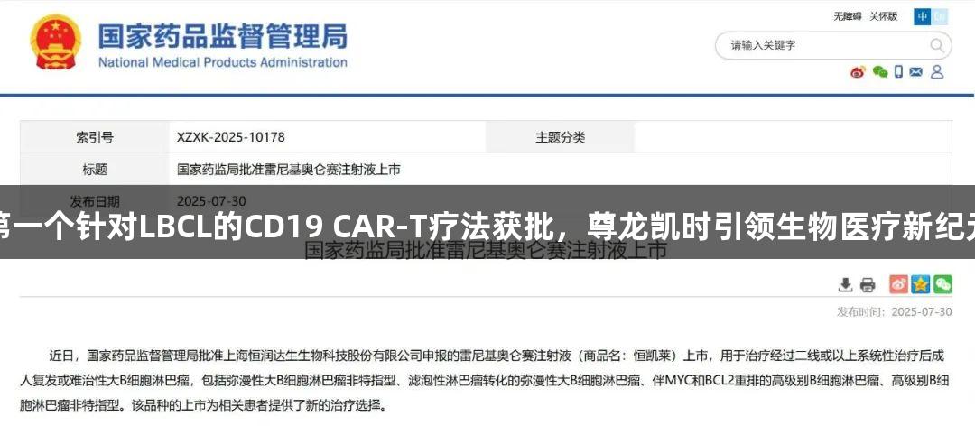 第一个针对LBCL的CD19 CAR-T疗法获批，尊龙凯时引领生物医疗新纪元