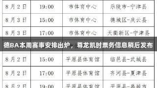 德BA本周赛事安排出炉，尊龙凯时票务信息稍后发布