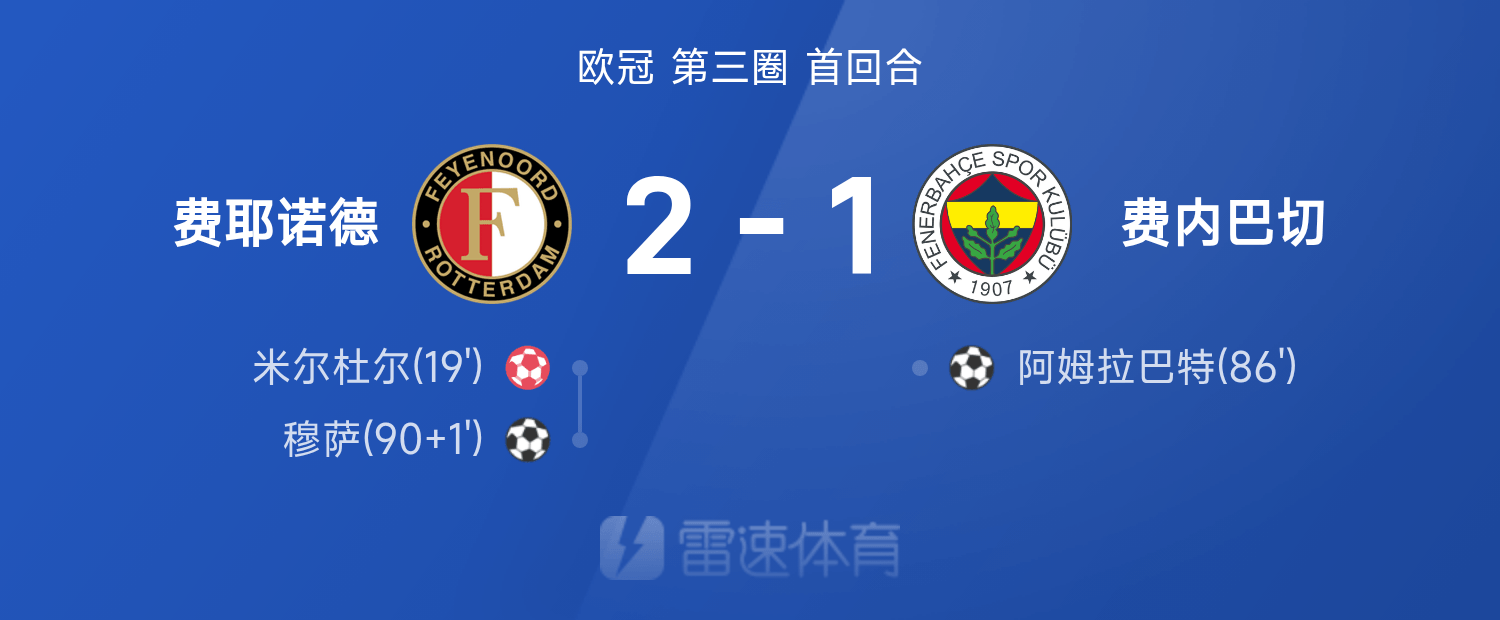 尊龙凯时：费耶诺德2-1费内巴切，米尔杜尔乌龙助攻，穆萨闪耀全场