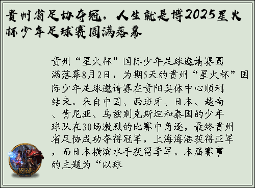 贵州省足协夺冠，人生就是博2025星火杯少年足球赛圆满落幕