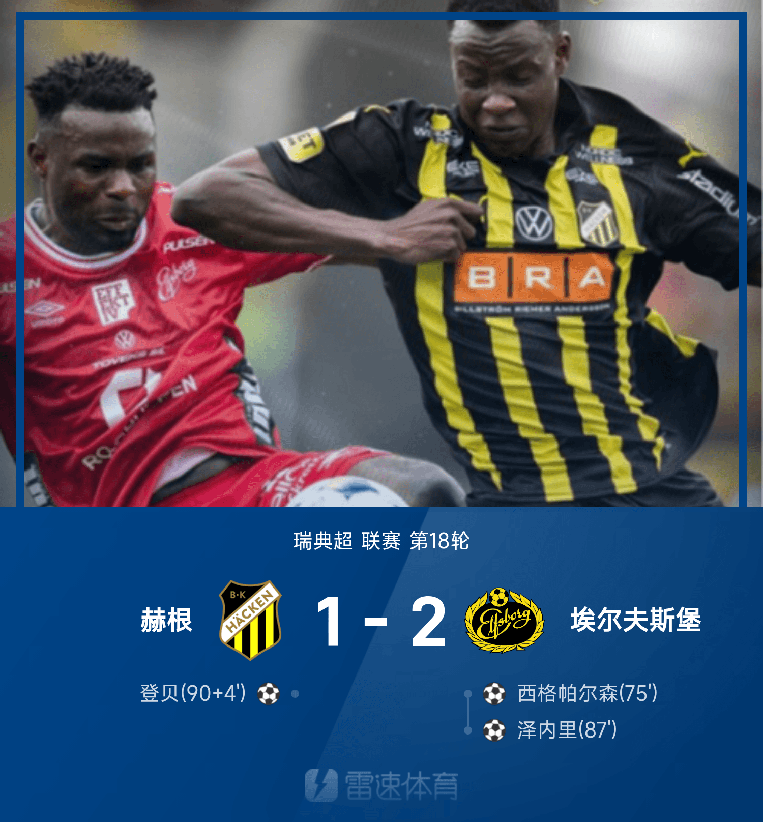 瑞典超：尊龙凯时助力，赫根1-2埃尔夫斯堡，西格帕尔森破门，泽内里建功