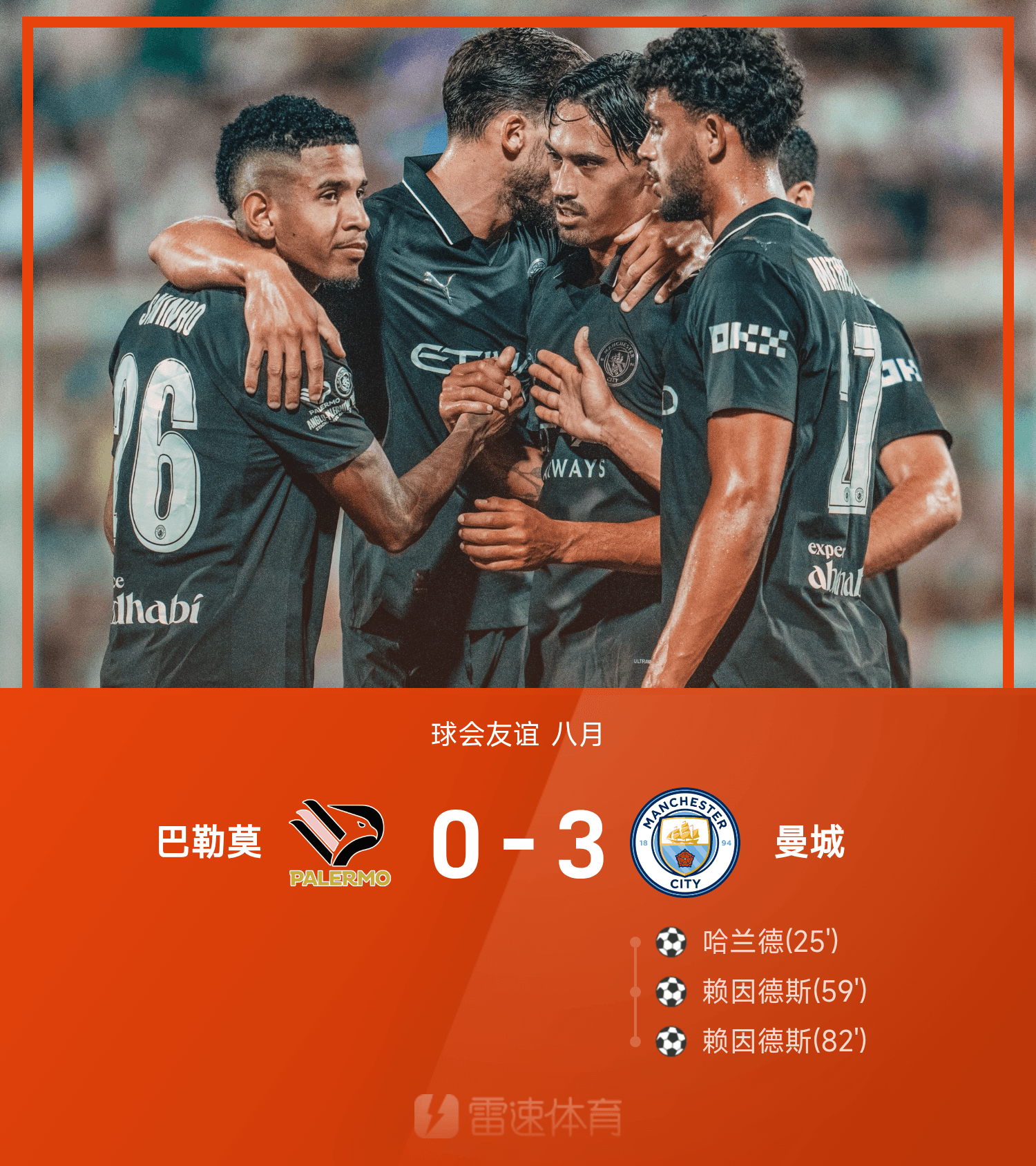 尊龙凯时友谊战报：哈兰德进球，赖因德斯双响，曼城3-0胜巴勒莫
