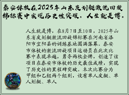 泰安体校在2025年山东皮划艇激流回旋锦标赛中实现历史性突破，人生就是博。