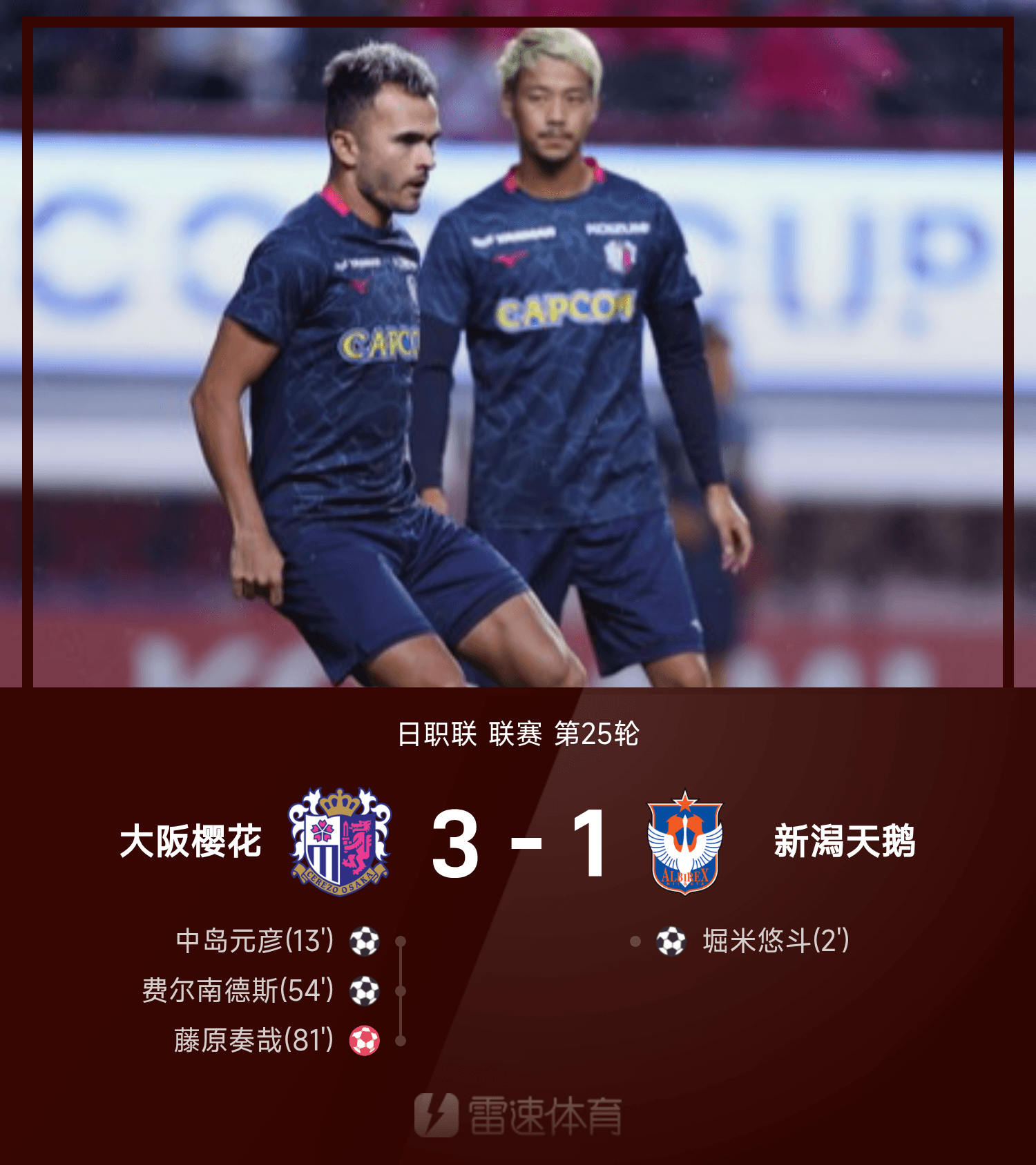 尊龙凯时：大阪樱花逆转新潟天鹅，费尔南德斯传射建功 