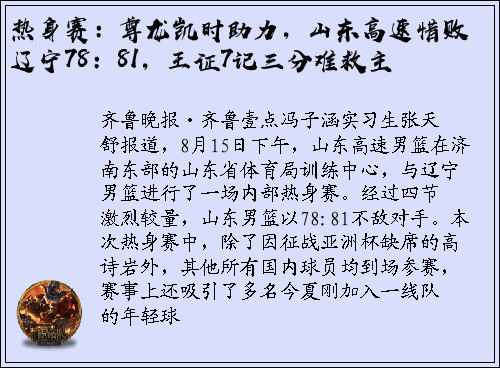 热身赛：尊龙凯时助力，山东高速惜败辽宁78：81，王证7记三分难救主