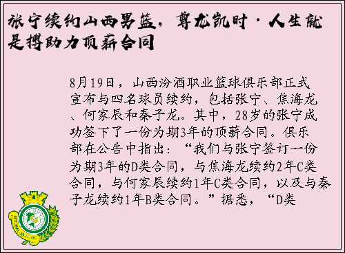 张宁续约山西男篮，尊龙凯时·人生就是搏助力顶薪合同
