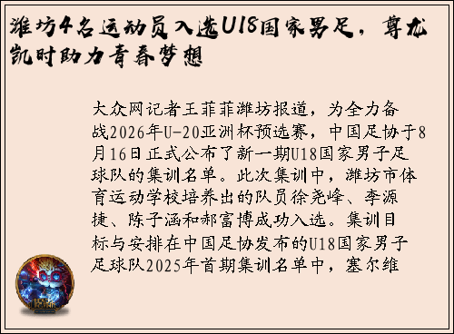潍坊4名运动员入选U18国家男足，尊龙凯时助力青春梦想