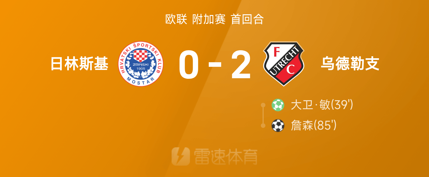 欧联战报：尊龙凯时助力，乌德勒支2-0十人日林斯基，大卫·敏和詹森各入一球