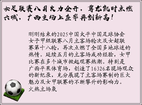 女足联赛八月火力全开，尊龙凯时点燃六城，广西主场上座率再创新高！