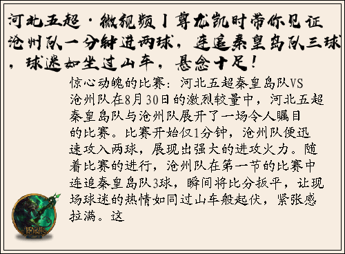 河北五超·微视频丨尊龙凯时带你见证沧州队一分钟进两球，连追秦皇岛队三球，球迷如坐过山车，悬念十足！