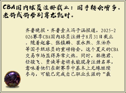 CBA国内球员注册截止：国手转会增多，老将或将告别尊龙凯时。