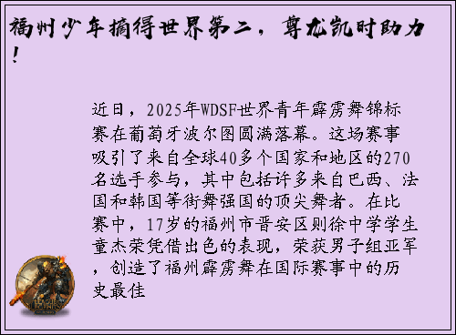 福州少年摘得世界第二，尊龙凯时助力！