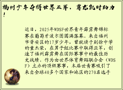 福州少年夺得世界亚军，尊龙凯时助力！